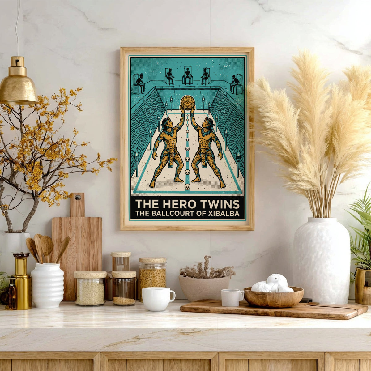 Poster of The Hero Twins playing ball in the Mayan underworld of Xibalba