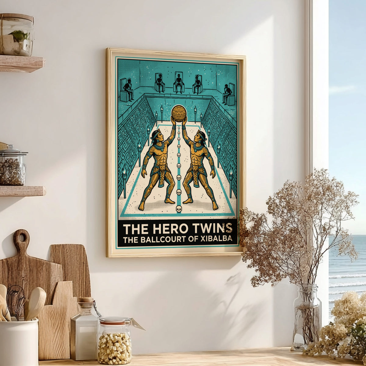 Poster of The Hero Twins playing ball in the Mayan underworld of Xibalba