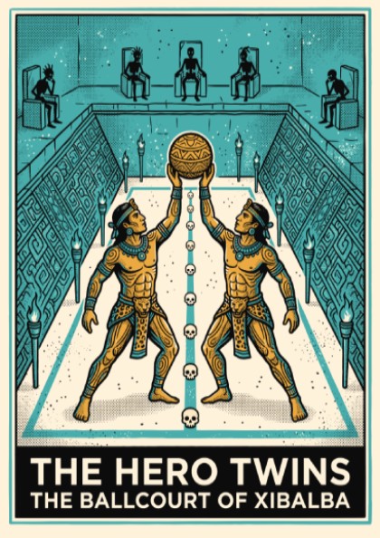 Poster of The Hero Twins playing ball in the Mayan underworld of Xibalba