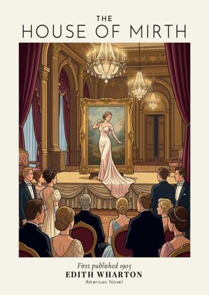 Poster featuring a ballroom scene from The House of Mirth by Edith Wharton illustration.