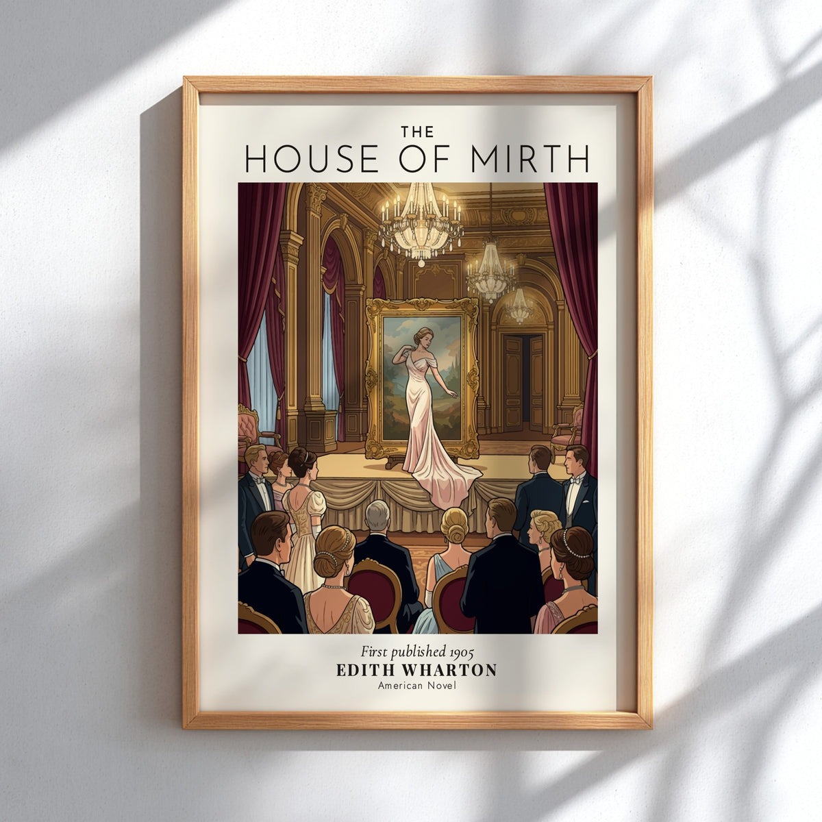 Poster featuring a ballroom scene from The House of Mirth by Edith Wharton illustration.