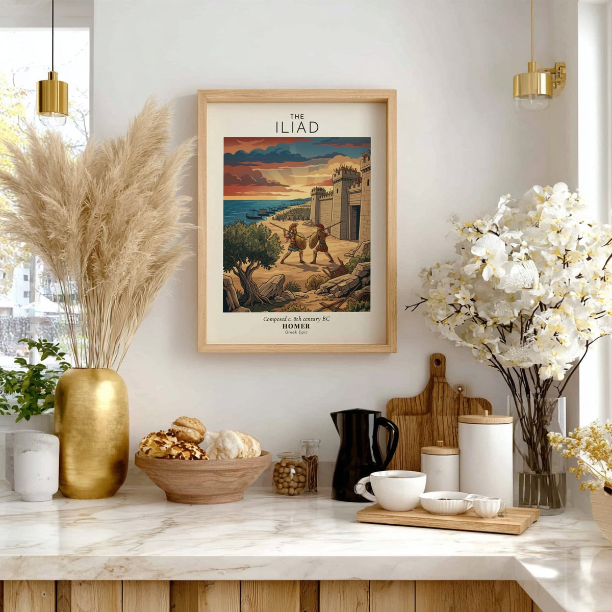 Poster featuring two Greek warriors fighting outside the stone walls of Troy at sunset.