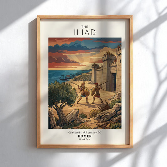Poster featuring two Greek warriors fighting outside the stone walls of Troy at sunset.