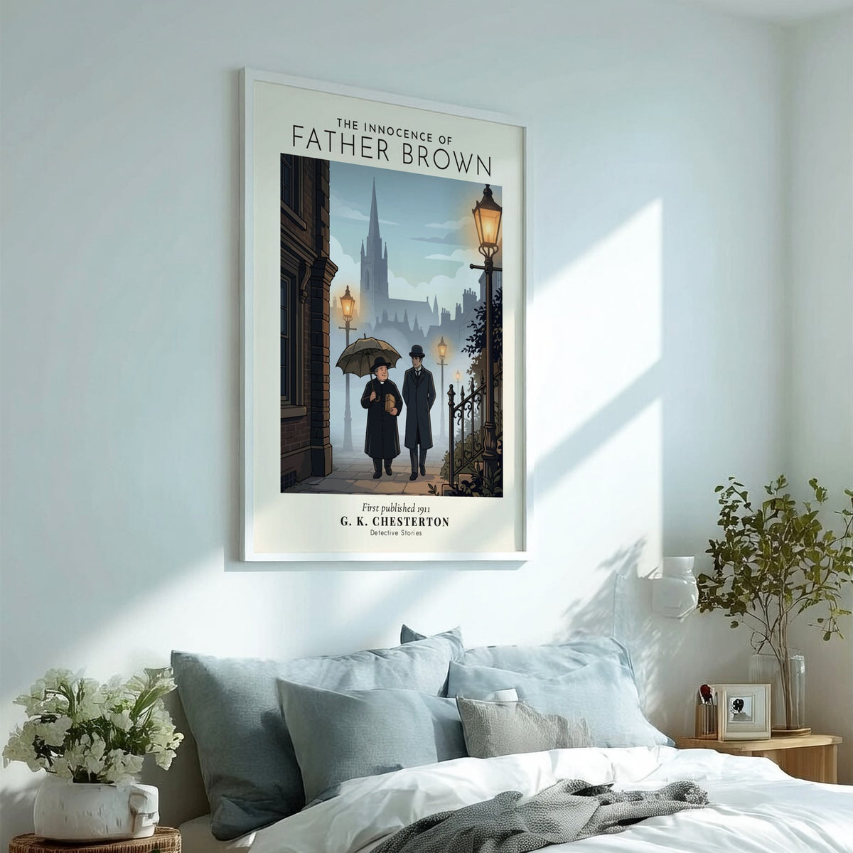 Poster featuring Father Brown and a companion walking past glowing lamps toward a cathedral.