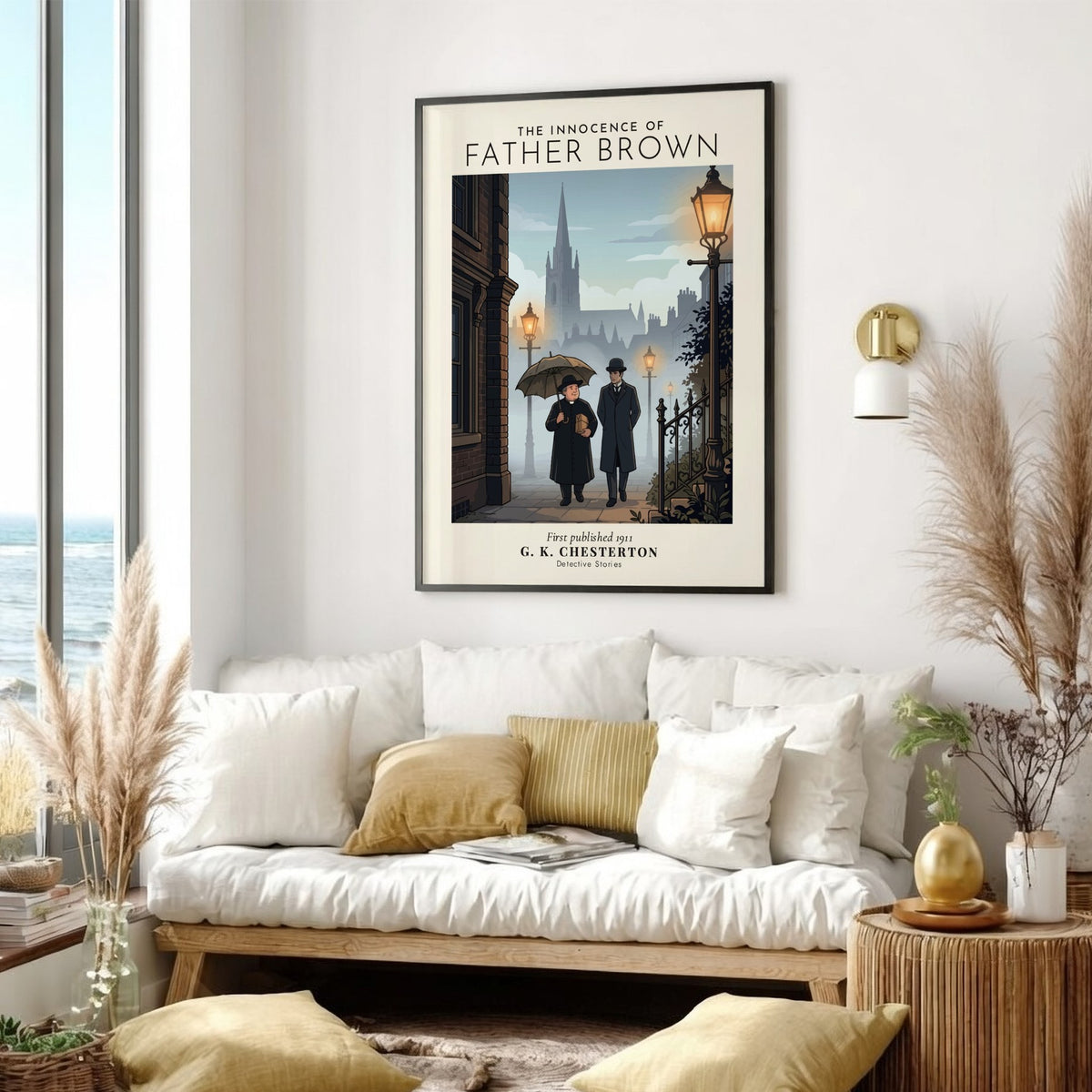 Poster featuring Father Brown and a companion walking past glowing lamps toward a cathedral.