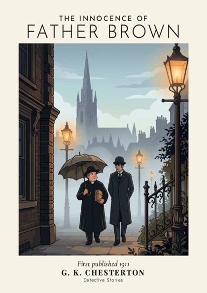 Poster featuring Father Brown and a companion walking past glowing lamps toward a cathedral.