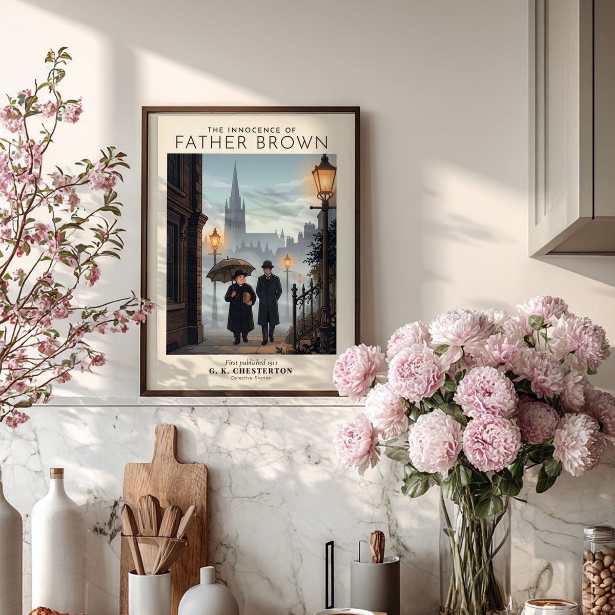 Poster featuring Father Brown and a companion walking past glowing lamps toward a cathedral.