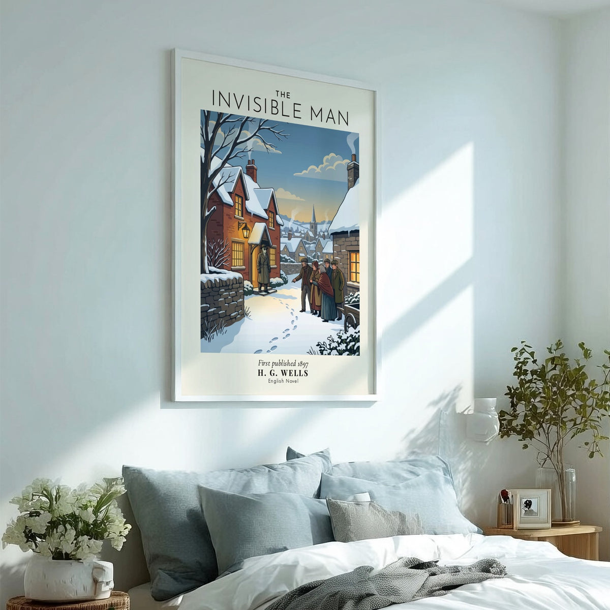 Poster featuring The Invisible Man by H. G. Wells with a snowy village scene.