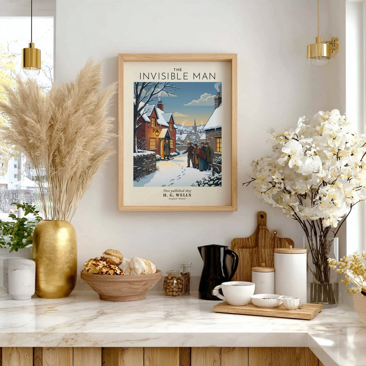 Poster featuring The Invisible Man by H. G. Wells with a snowy village scene.