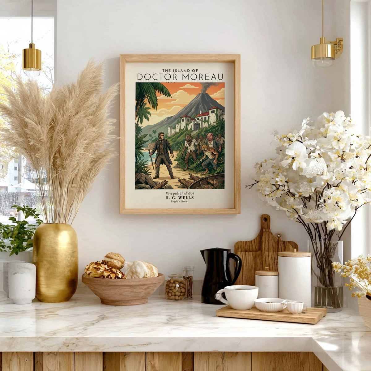 Poster of The Island of Doctor Moreau showing a man facing animal hybrids near