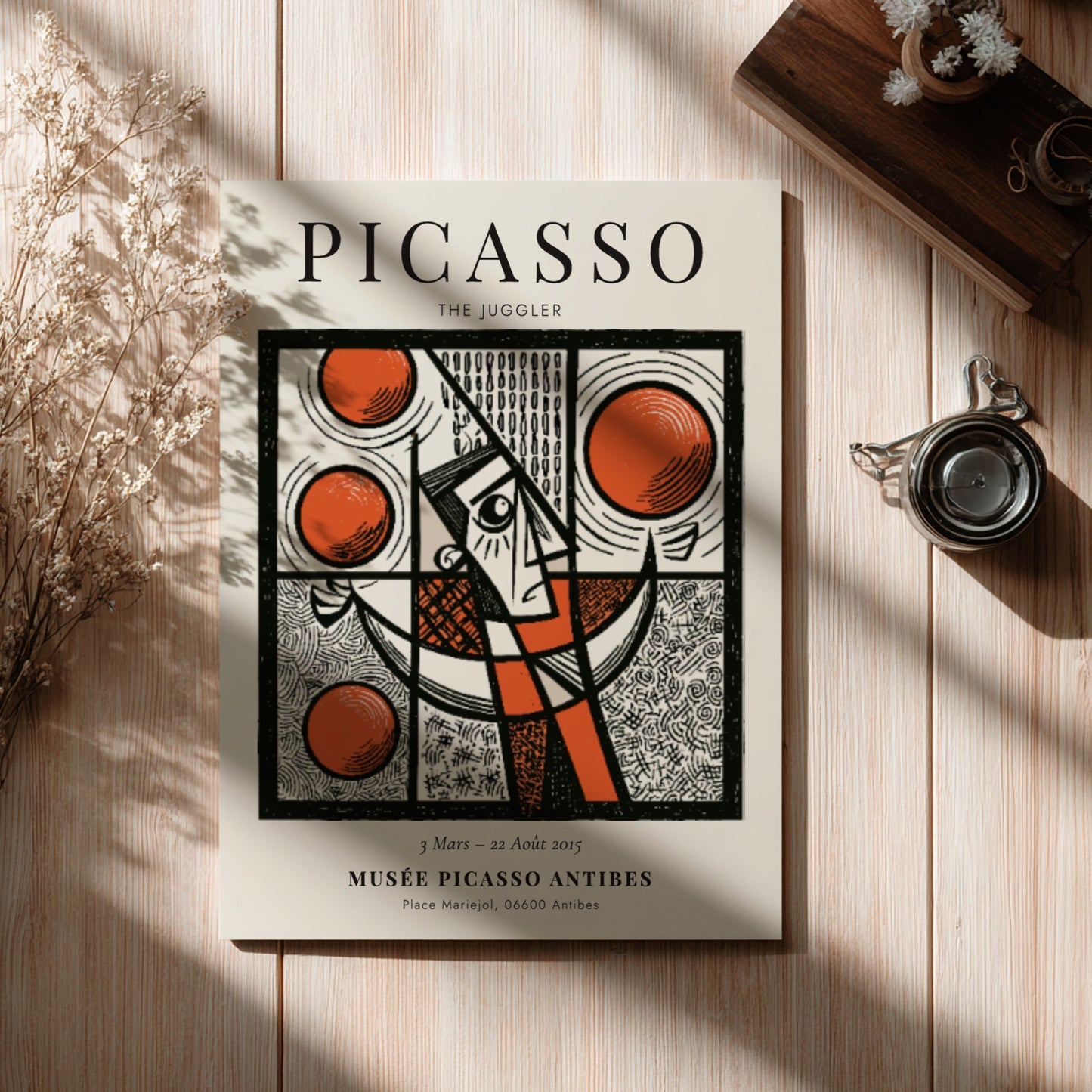 Picasso inspired poster featuring a juggler in bold colors and geometric shapes