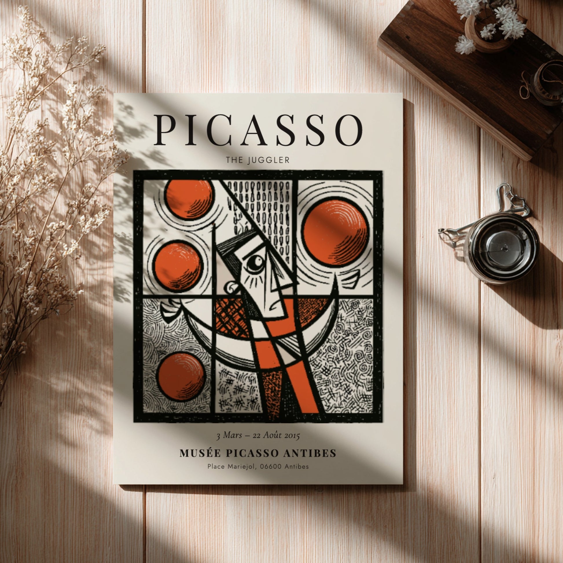 Picasso inspired poster featuring a juggler in bold colors and geometric shapes