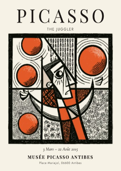 Picasso inspired poster featuring a juggler in bold colors and geometric shapes