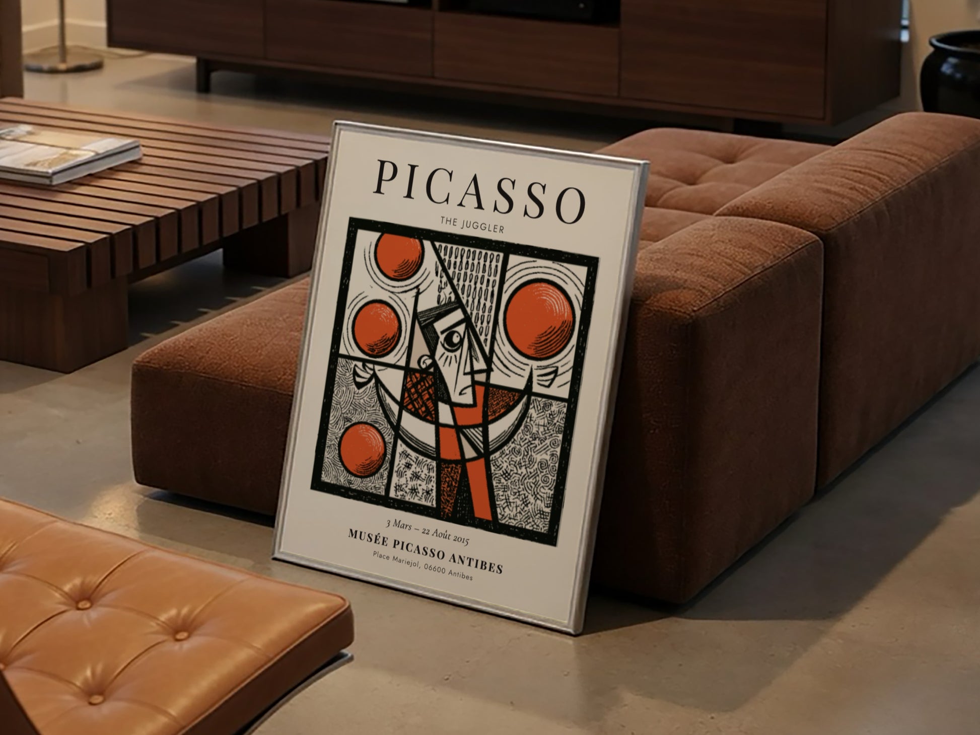 Picasso inspired poster featuring a juggler in bold colors and geometric shapes