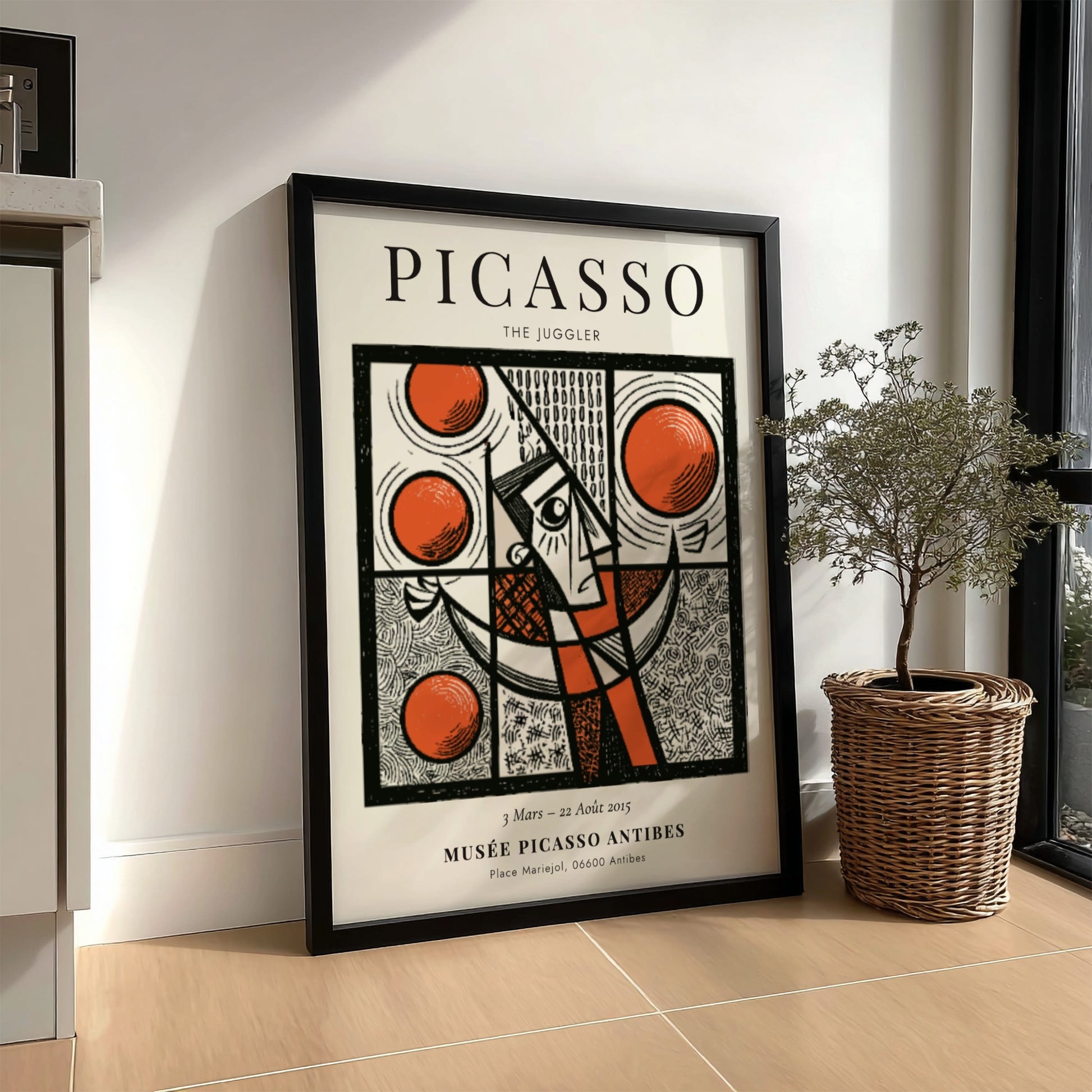 Picasso inspired poster featuring a juggler in bold colors and geometric shapes