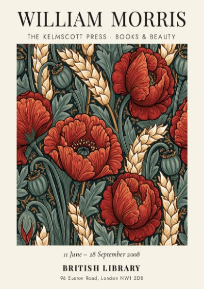 William Morris poster featuring red poppies and green foliage in a vintage style