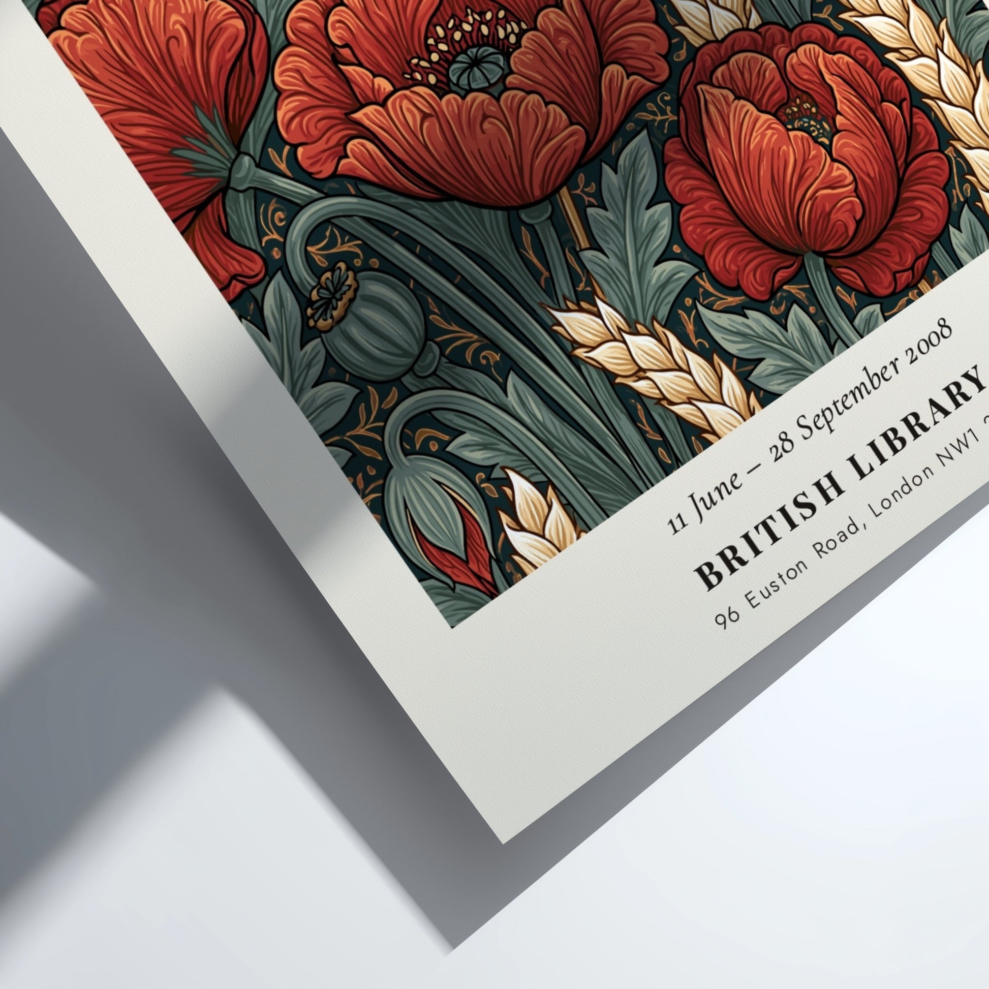 William Morris poster featuring red poppies and green foliage in a vintage style