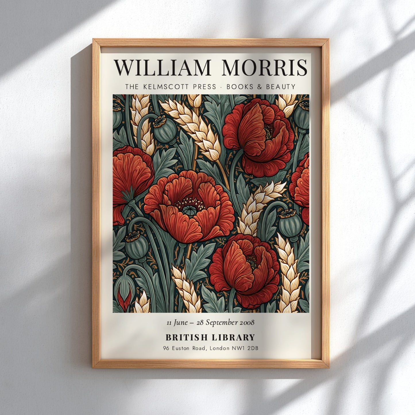 William Morris poster featuring red poppies and green foliage in a vintage style