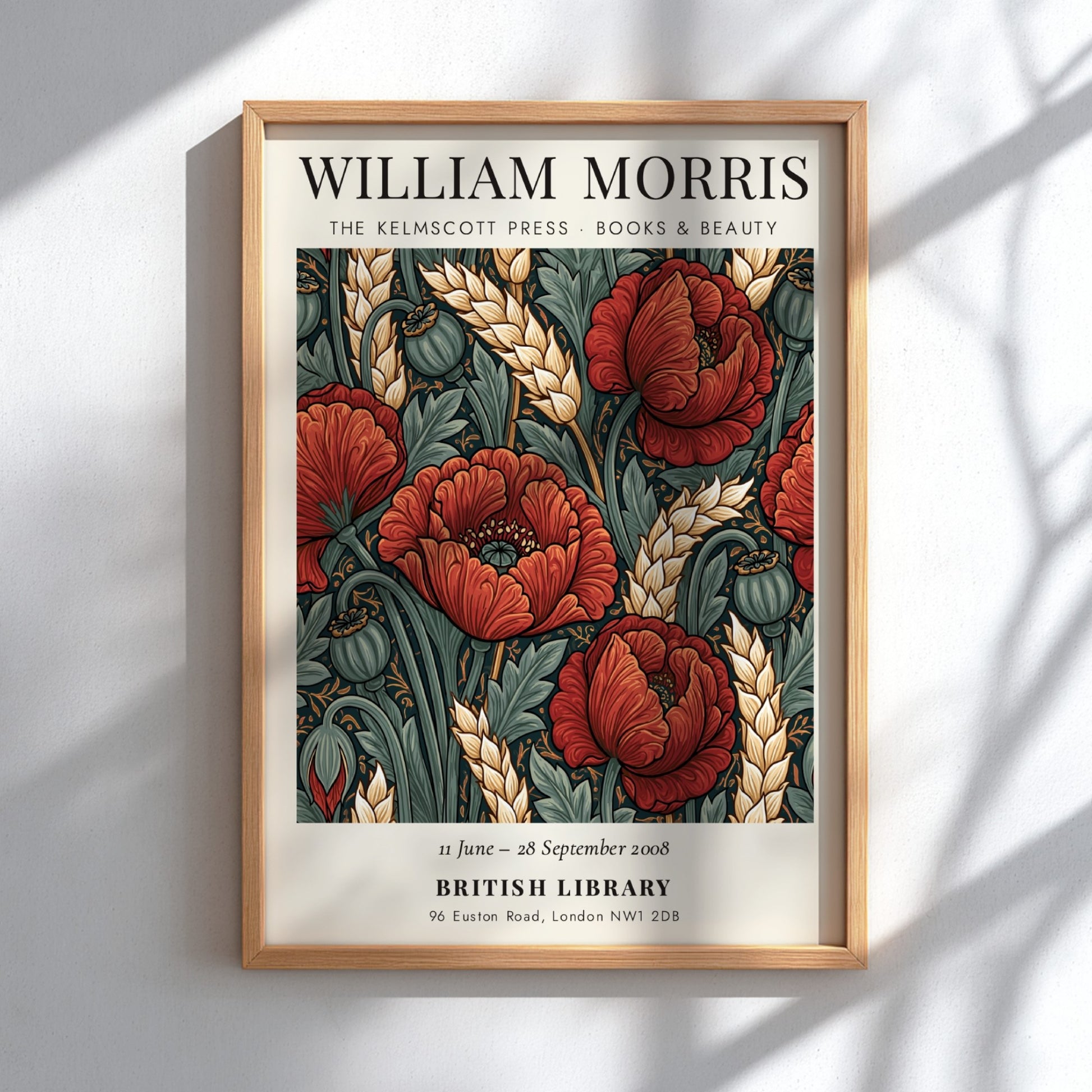William Morris poster featuring red poppies and green foliage in a vintage style