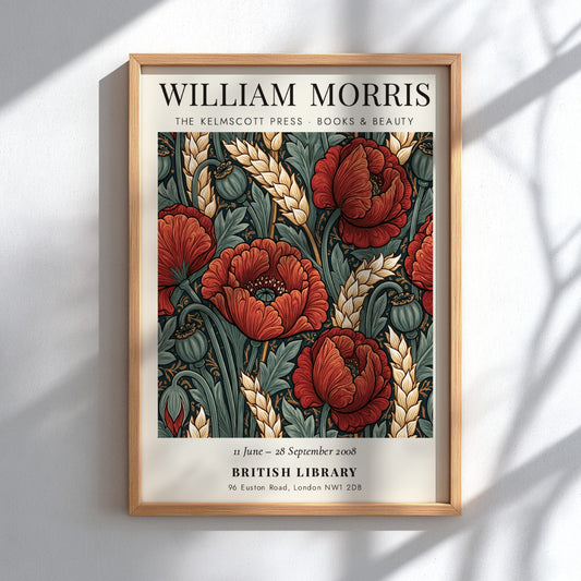 William Morris poster featuring red poppies and green foliage in a vintage style