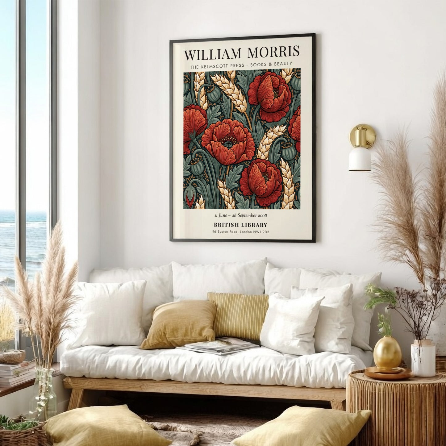 William Morris poster featuring red poppies and green foliage in a vintage style