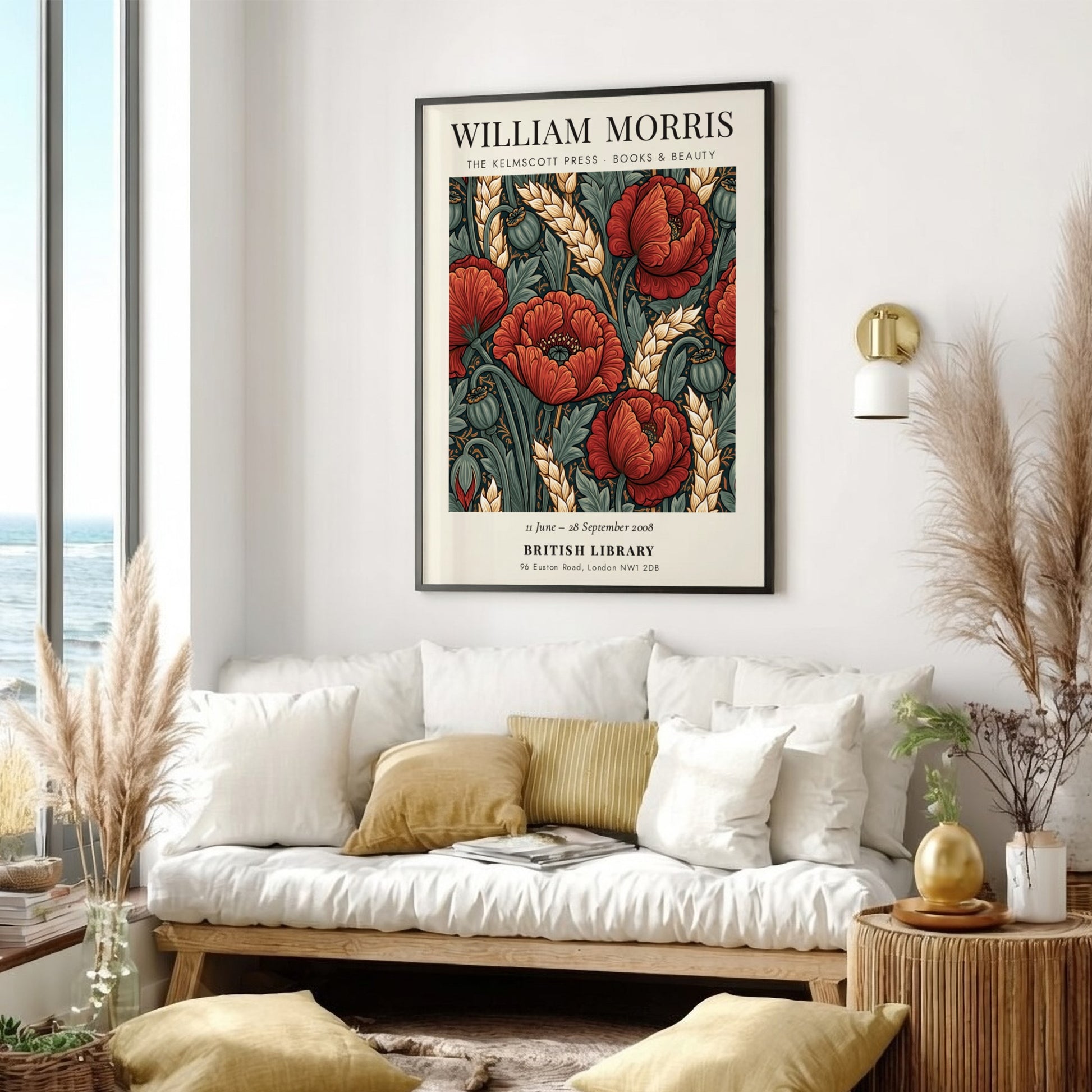 William Morris poster featuring red poppies and green foliage in a vintage style