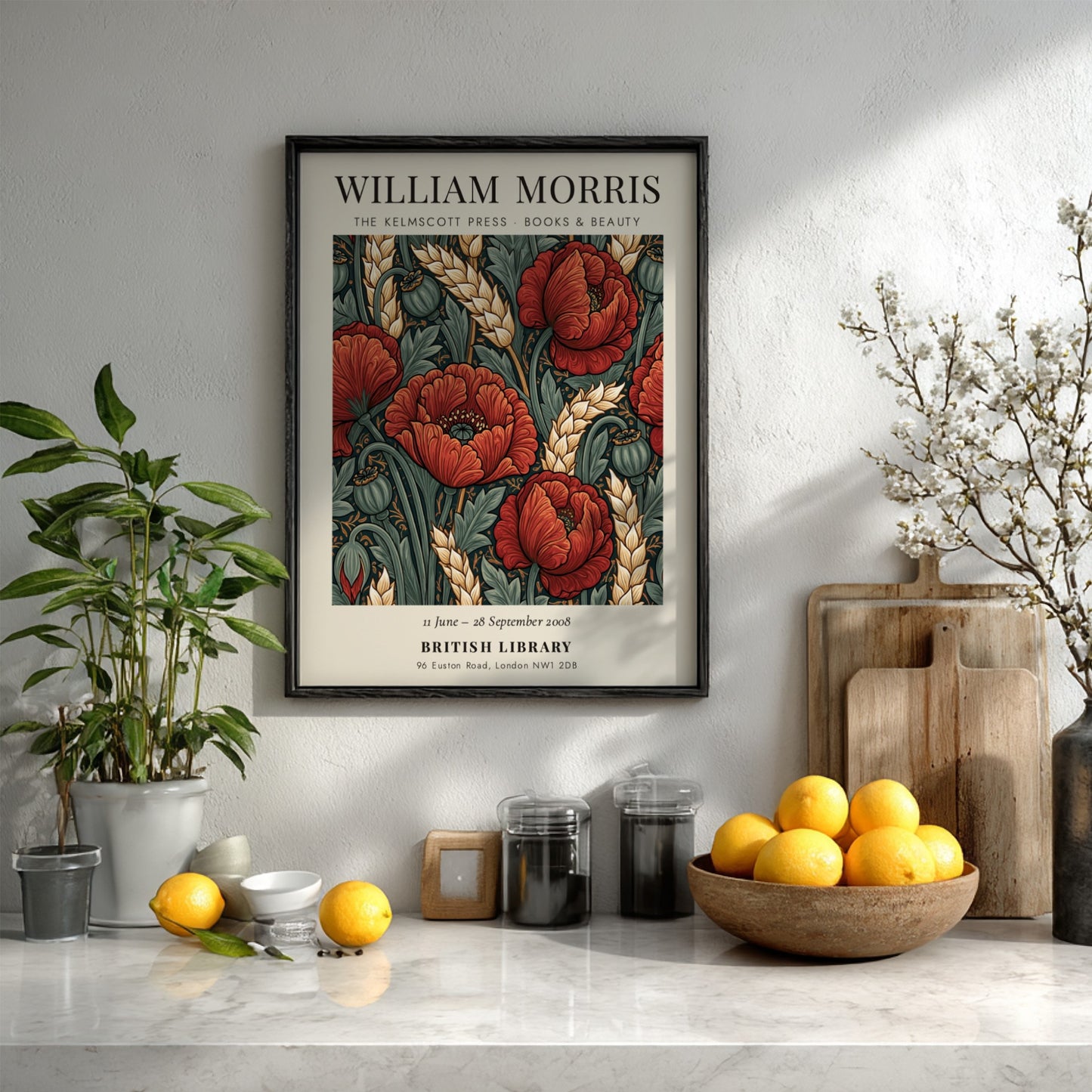 William Morris poster featuring red poppies and green foliage in a vintage style