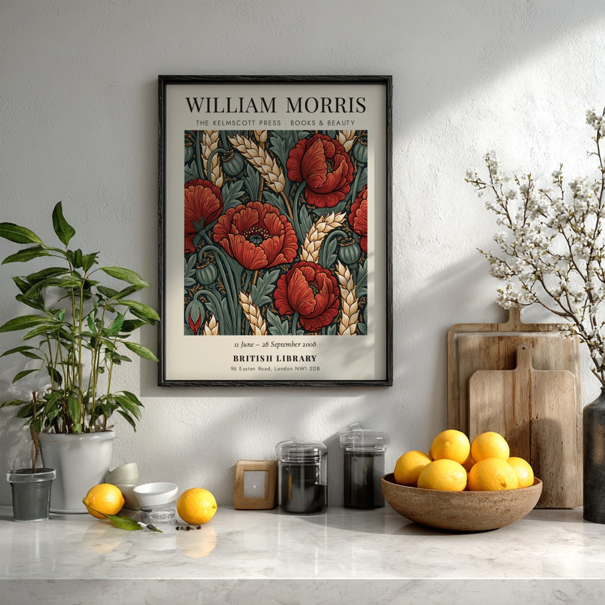 William Morris poster featuring red poppies and green foliage in a vintage style