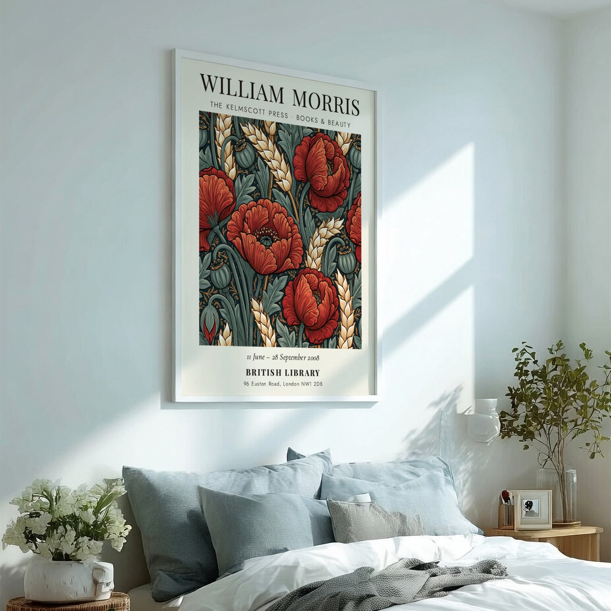 William Morris poster featuring red poppies and green foliage in a vintage style