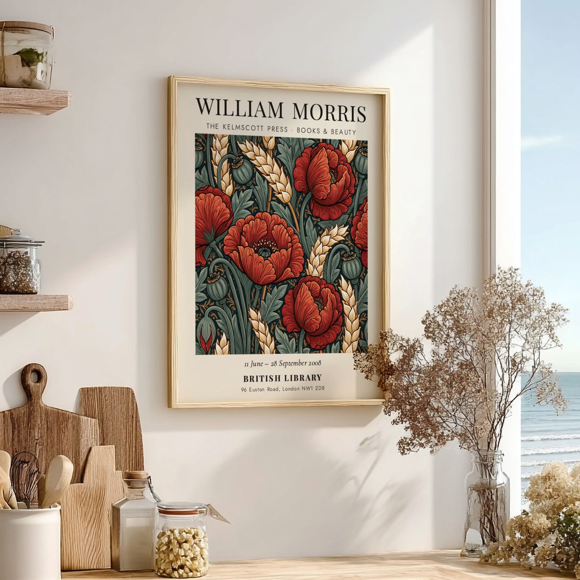 William Morris poster featuring red poppies and green foliage in a vintage style