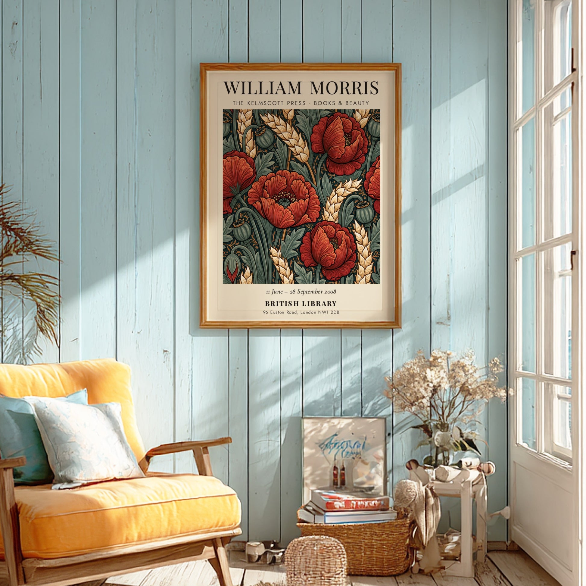 William Morris poster featuring red poppies and green foliage in a vintage style