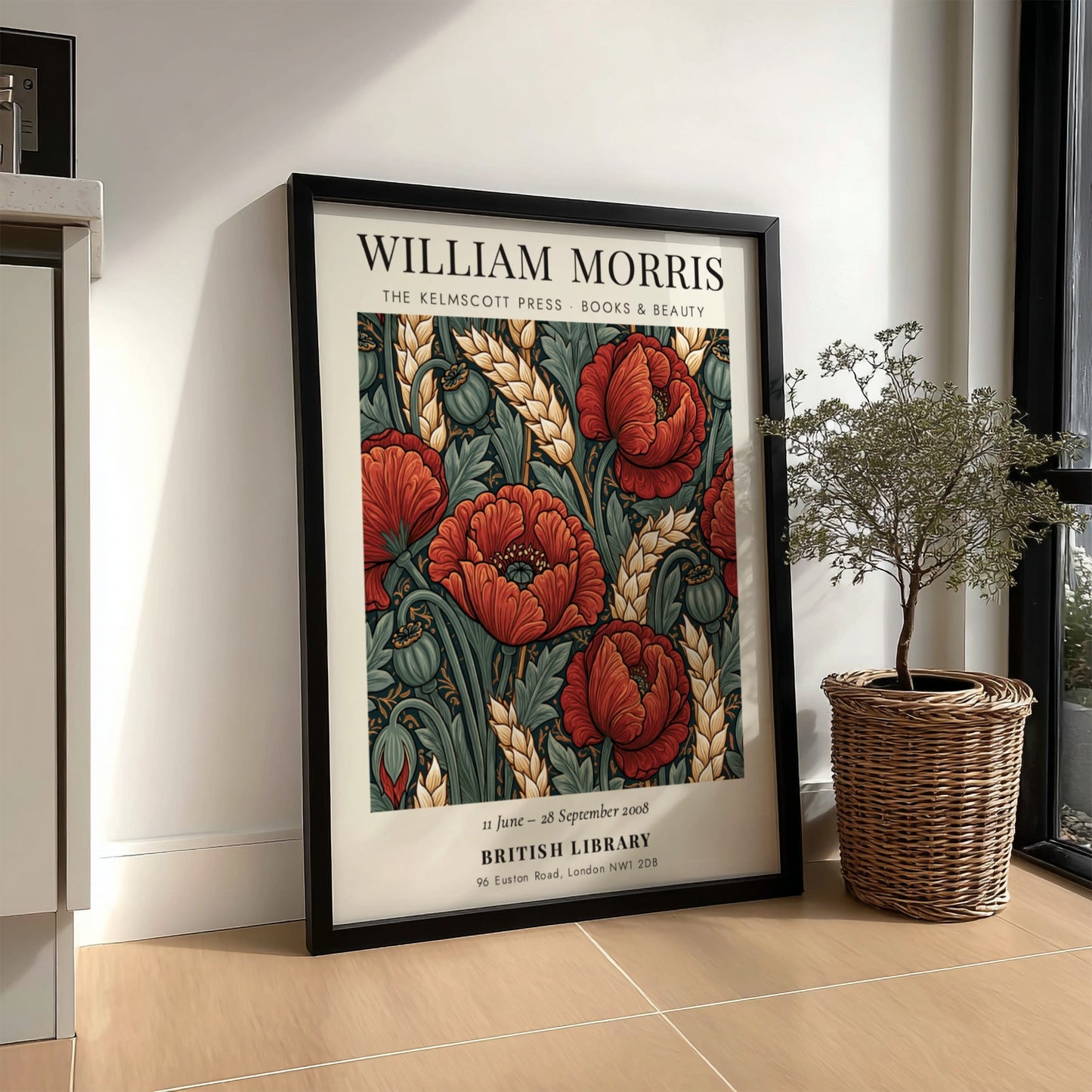 William Morris poster featuring red poppies and green foliage in a vintage style