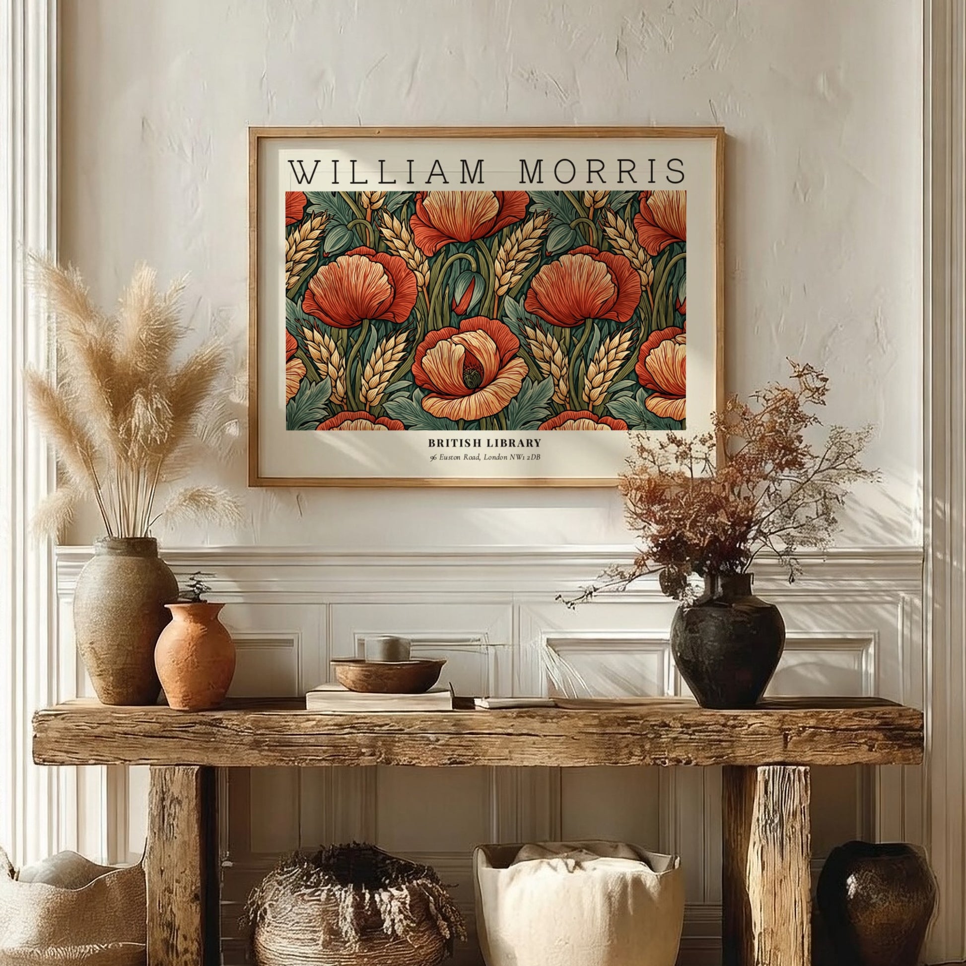 Wall art print featuring red poppies and wheat in William Morris style