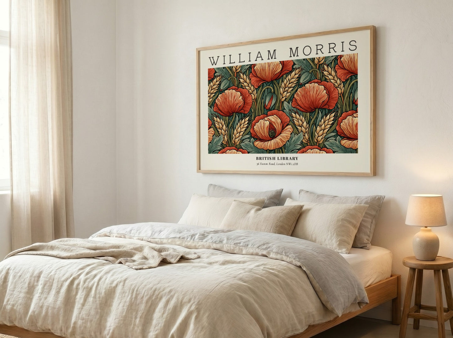 Wall art print featuring red poppies and wheat in William Morris style