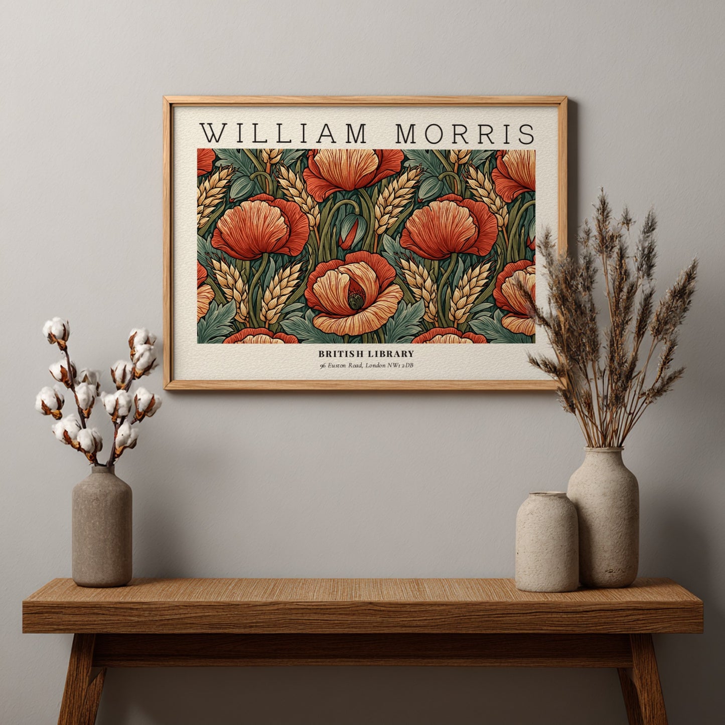 Wall art print featuring red poppies and wheat in William Morris style
