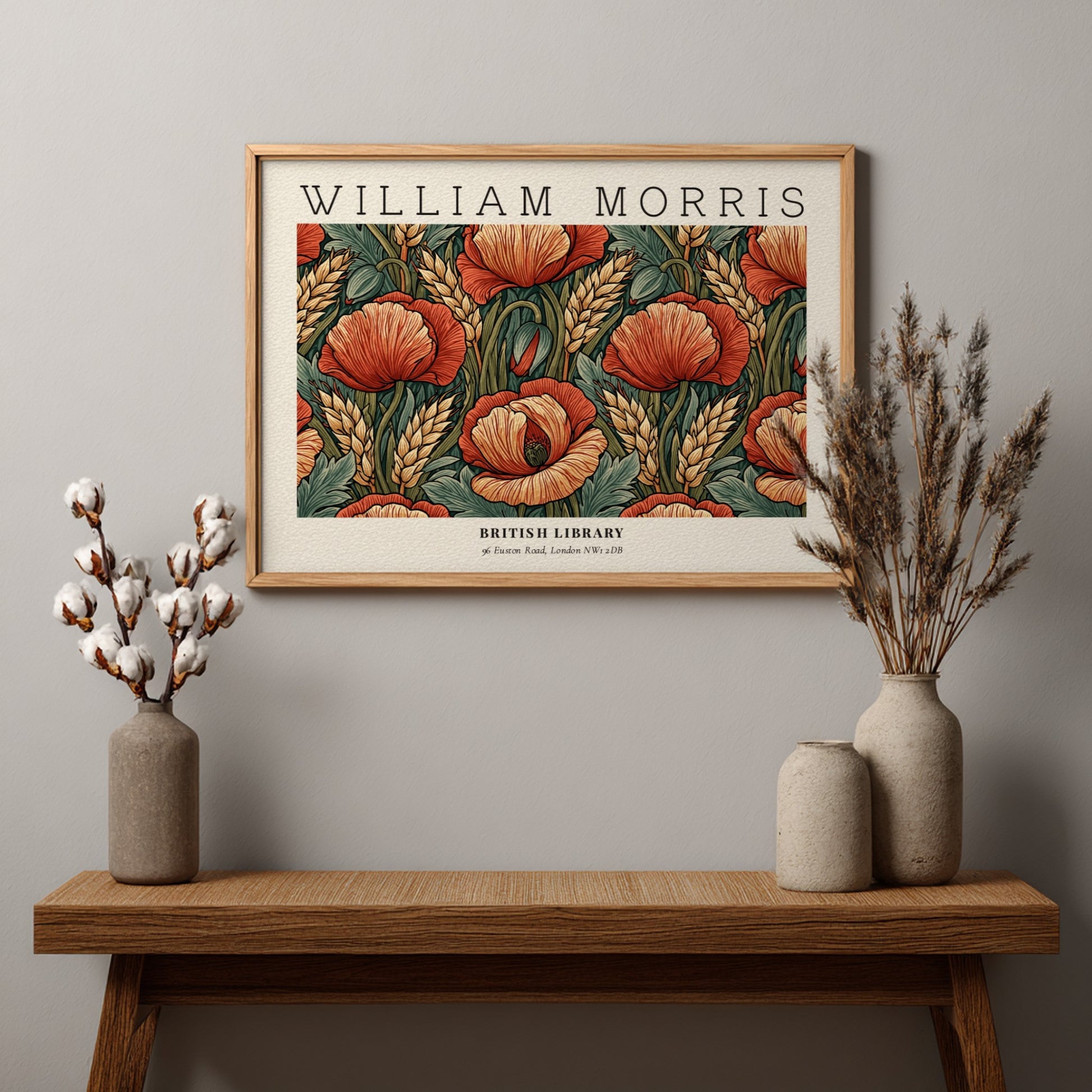 Wall art print featuring red poppies and wheat in William Morris style