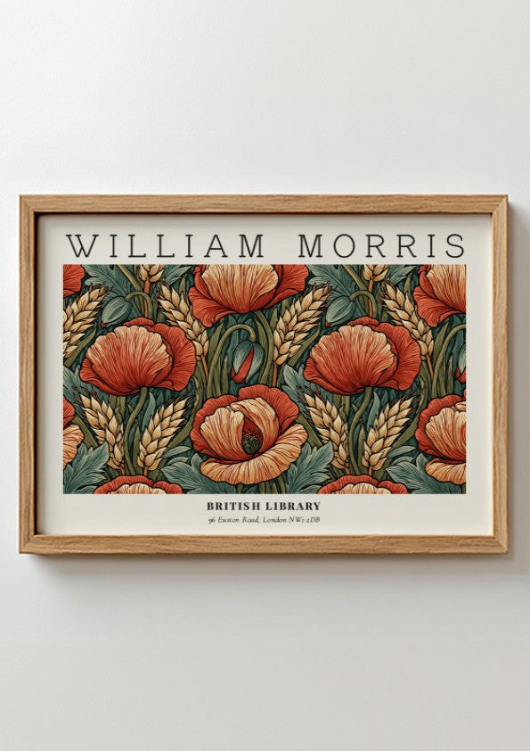 Wall art print featuring red poppies and wheat in William Morris style