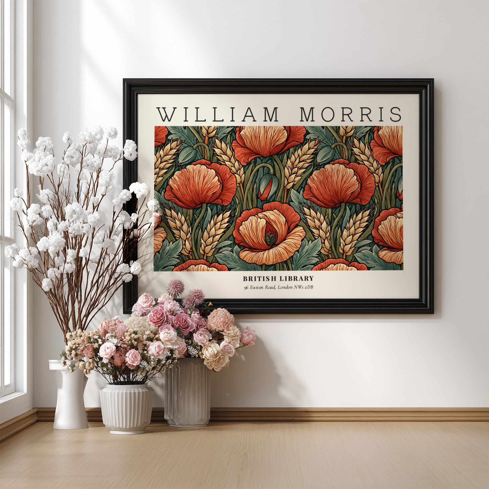 Wall art print featuring red poppies and wheat in William Morris style