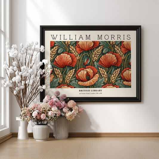 Wall art print featuring red poppies and wheat in William Morris style