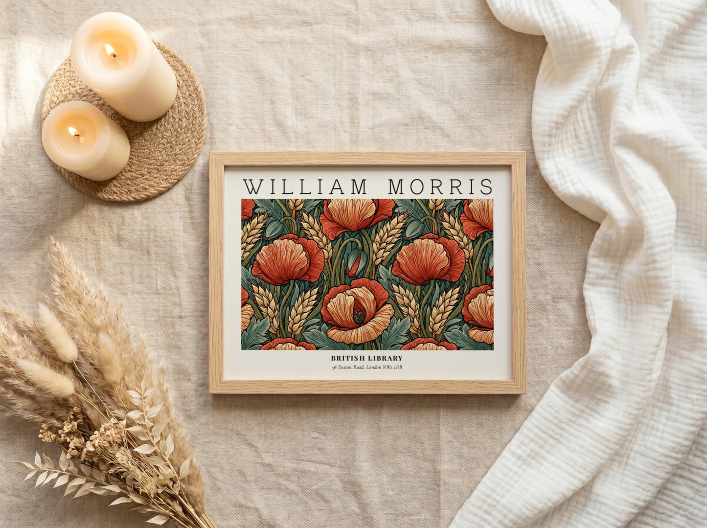 Wall art print featuring red poppies and wheat in William Morris style