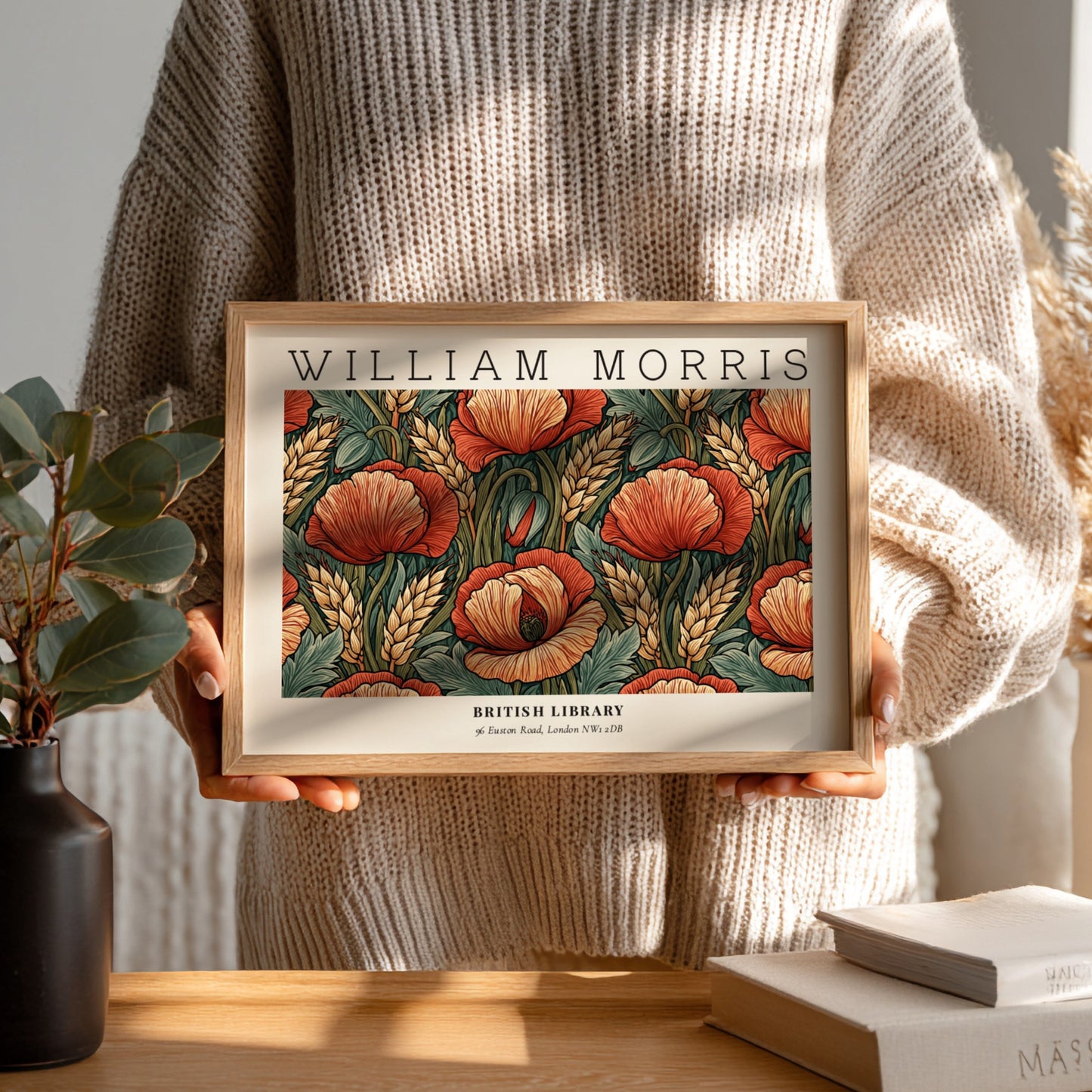Wall art print featuring red poppies and wheat in William Morris style