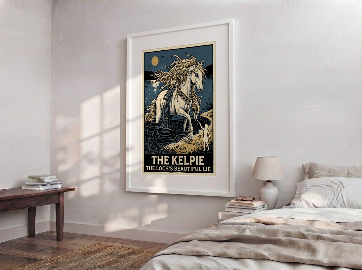 Poster featuring a Kelpie horse by a dark loch with a small child reaching out