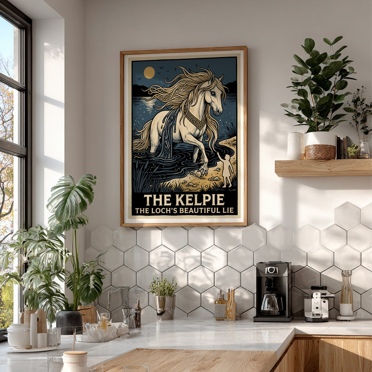 Poster featuring a Kelpie horse by a dark loch with a small child reaching out