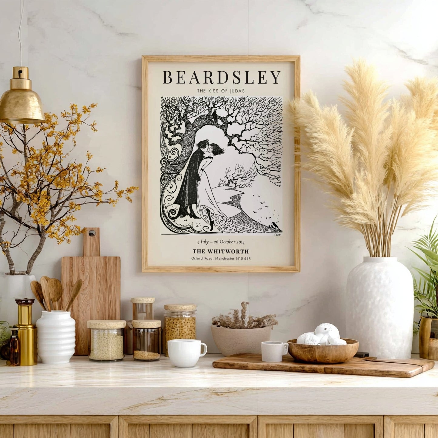 Aubrey Beardsley poster featuring The Kiss of Judas with intricate line work and a monochrome palette