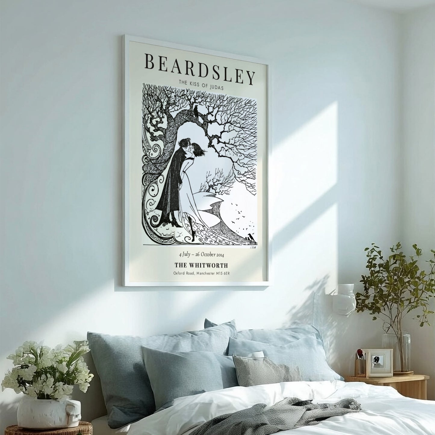 Aubrey Beardsley poster featuring The Kiss of Judas with intricate line work and a monochrome palette