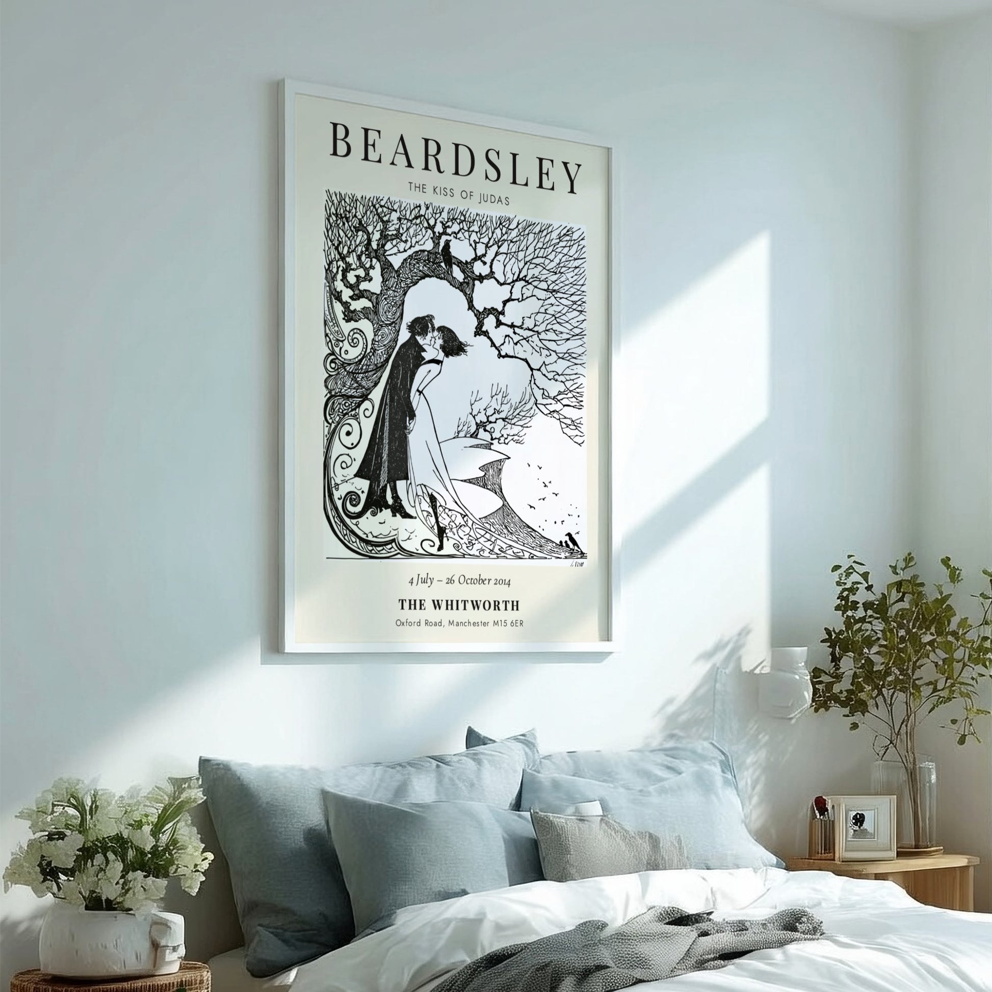 Aubrey Beardsley poster featuring The Kiss of Judas with intricate line work and a monochrome palette