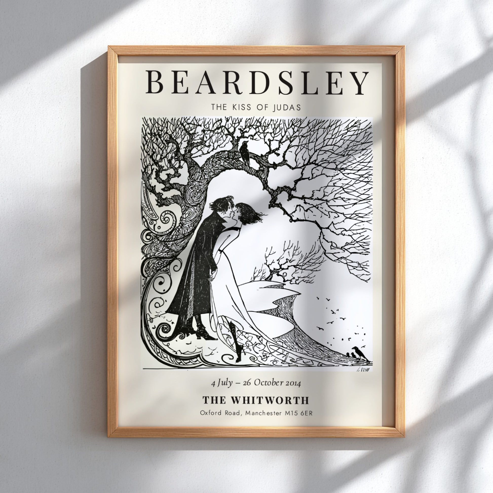 Aubrey Beardsley poster featuring The Kiss of Judas with intricate line work and a monochrome palette