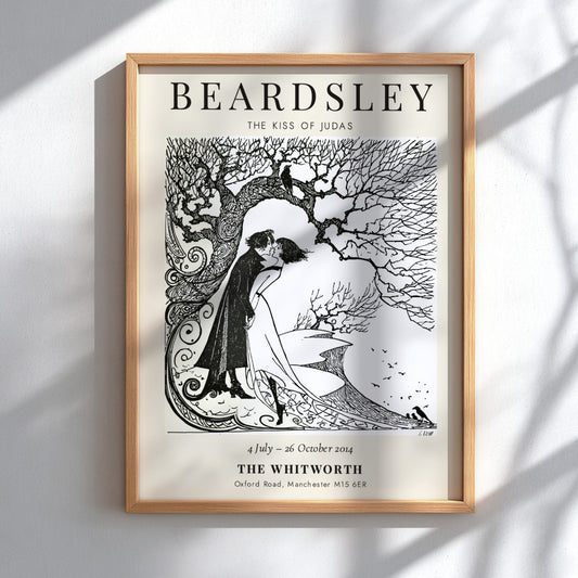 Aubrey Beardsley poster featuring The Kiss of Judas with intricate line work and a monochrome palette