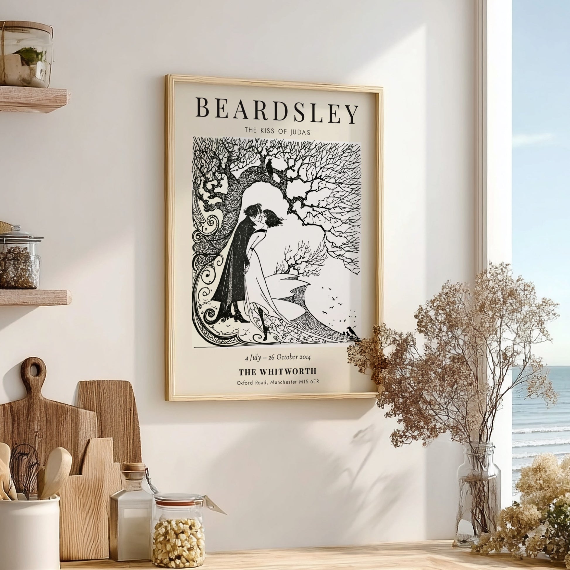 Aubrey Beardsley poster featuring The Kiss of Judas with intricate line work and a monochrome palette