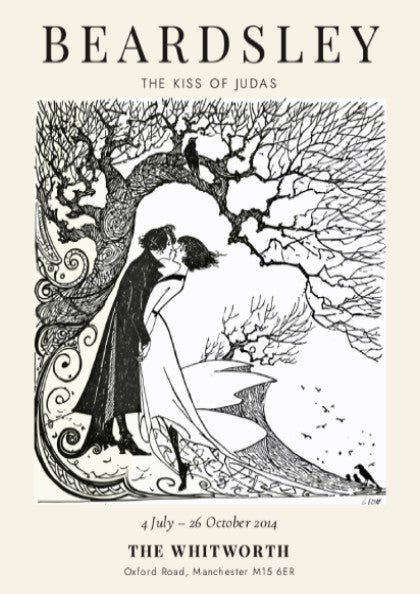 Aubrey Beardsley poster featuring The Kiss of Judas with intricate line work and a monochrome palette